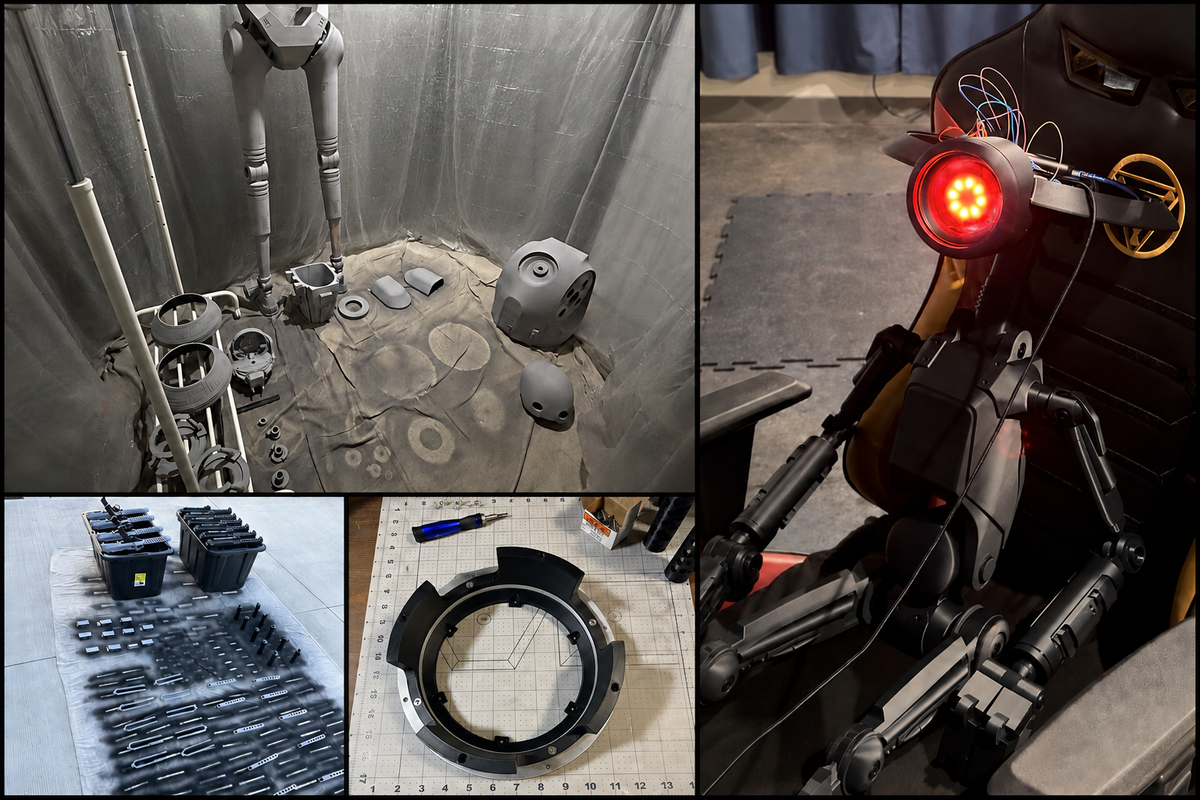A collage showing the interior of a workshop or studio with a humanoid robot or droid inside a translucent tent, close-up of the robot's head and glowing red light, small inset photos of black parts and accessories, and a circular black component on a measuring grid.