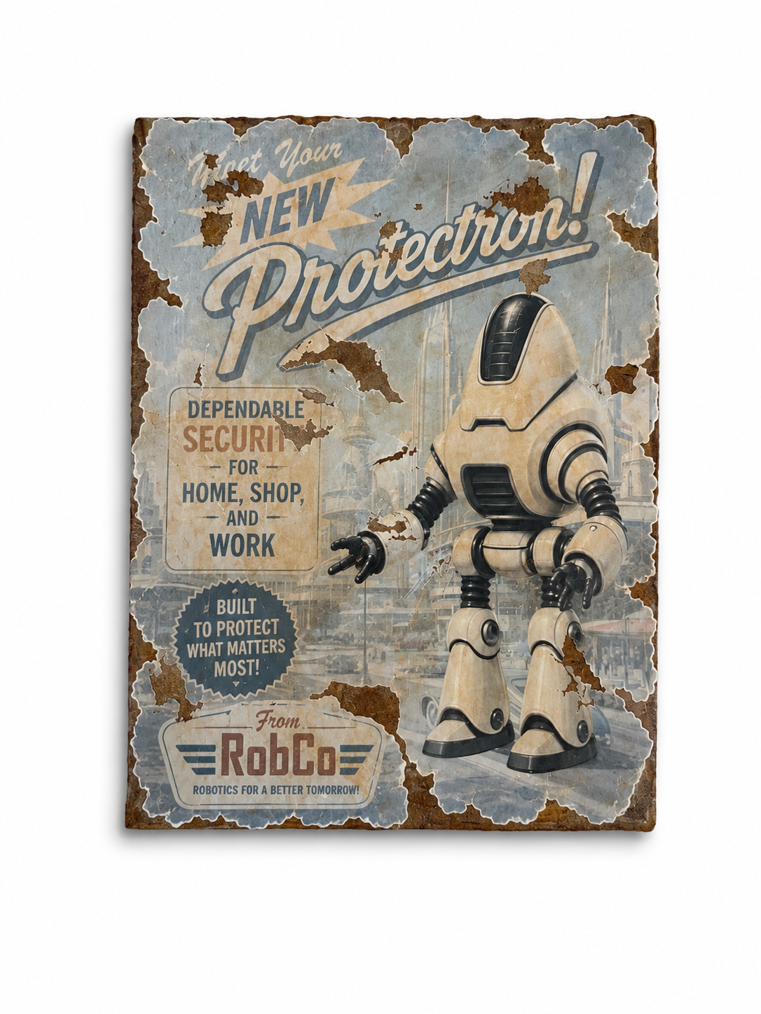 RobCo Protectron Weathered Metal Wall Art | Retro Fallout-Inspired Sign