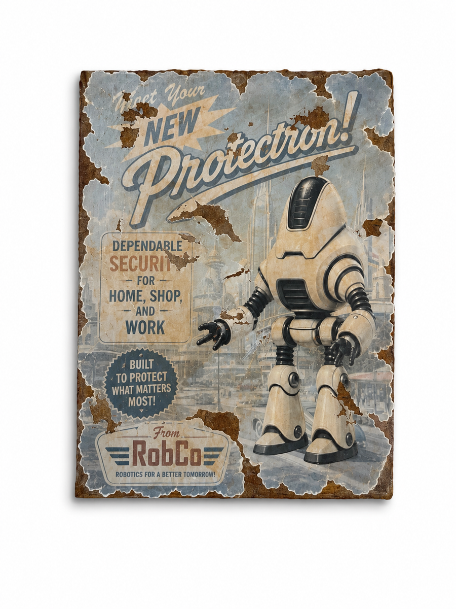 RobCo Protectron Weathered Metal Wall Art | Retro Fallout-Inspired Sign