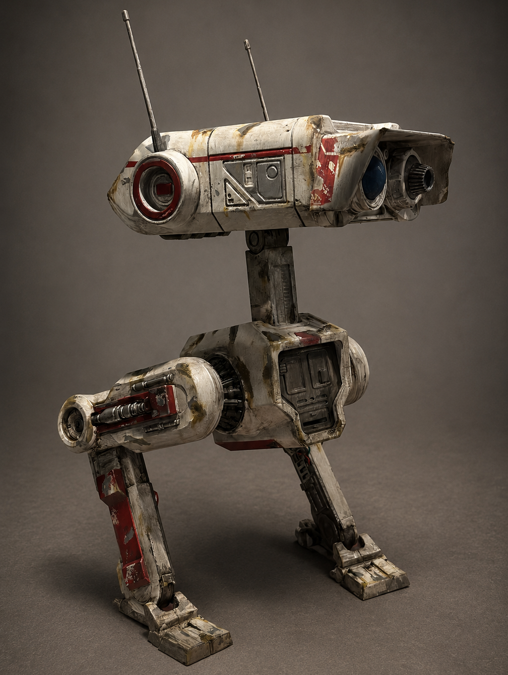 Weathered junkyard-style droid prop