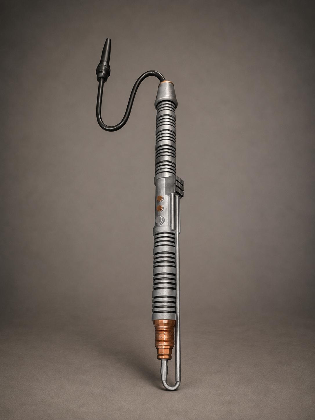 A replica of a Star Wars Cantina Band Horn, standing vertically on a neutral gray background. It features a textured silver-gray metallic body with black horizontal ridges, a copper-colored grip at the base, and a black curved cable extending from the top.