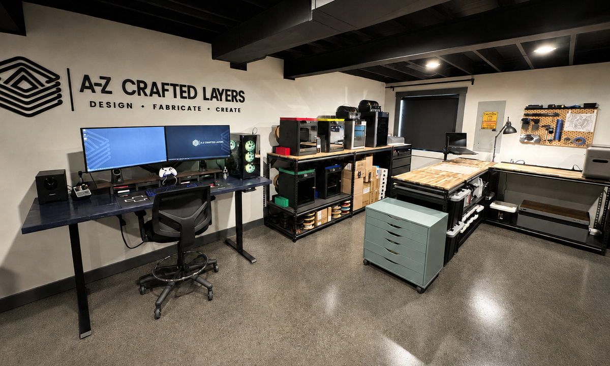 A modern 3D printing workshop interior featuring an A-Z Crafted Lays workspace with dual computer monitors, 3D printers, workbenches, and a mint green filing cabinet on a polished concrete floor.
